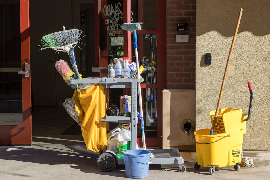 Cleaning tools and supplies on a floor